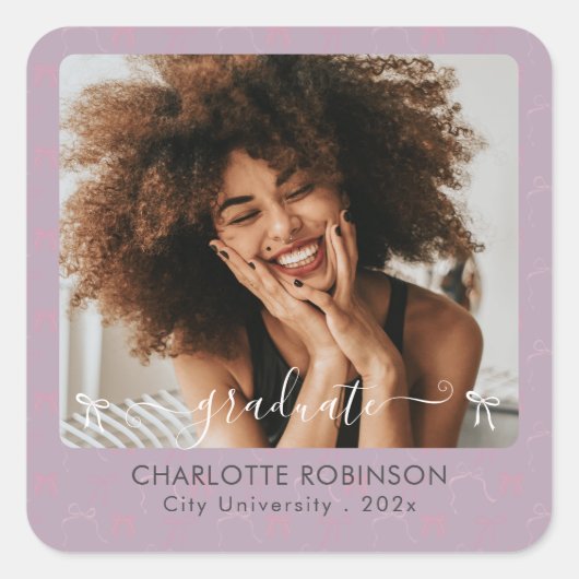 ピンクボウエレガント付き卒業写真シール スクエアシール (正面)