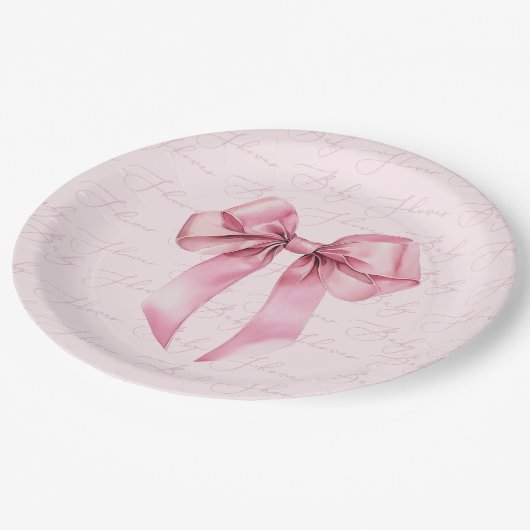 ピンクボウエレガント書道赤ちゃんシャワー ペーパープレート (アングル)