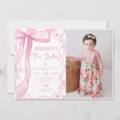 ピンクボウエレガント第3バースデーフォト 招待状 (正面)