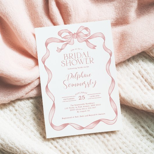 ピンクボウエレガント赤面リボンブライダルシャワー 招待状