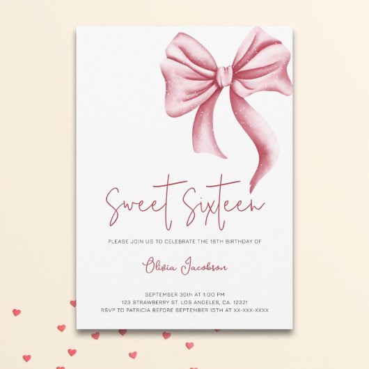 ピンクボウエレガントSweet sixteen誕生日パーティー 招待状