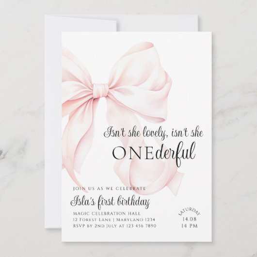 ピンクボウオネダーフルファースト誕生日招待状 招待状 (正面)