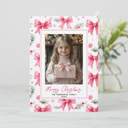 ピンクボウカスタムスのクリスマスフォト&名前 シーズンカード (スタンド正面)