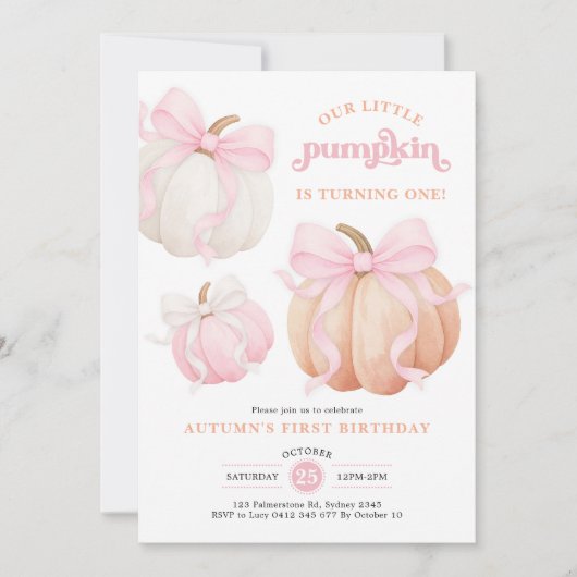 ピンクボウカボチャ女の子1st誕生日パーティー 招待状 (正面)