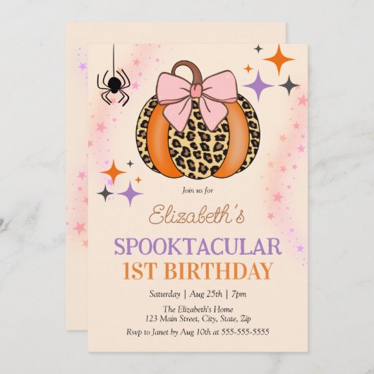 ピンクボウカボンプキンスプークタキュラハロウィーン誕生日 招待状 (正面/裏面)