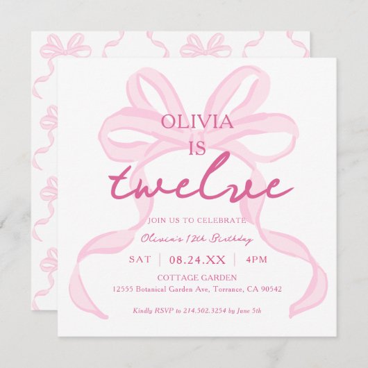 ピンクボウガーリーコケット12thバースデーパーティスクーラ 招待状 (正面/裏面)