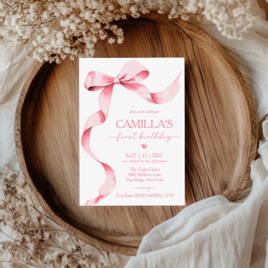 ピンクボウガールファースト誕生日招待状 招待状