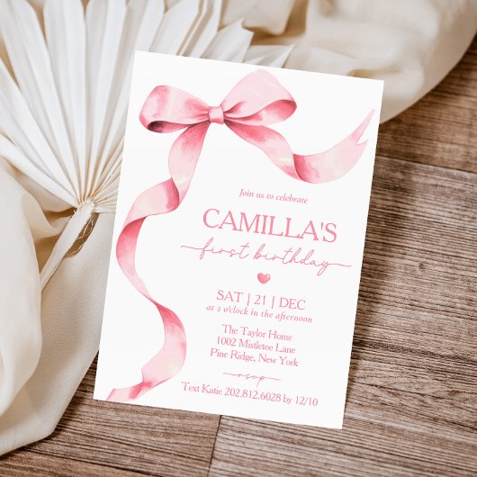 ピンクボウガールファースト誕生日招待状 招待状