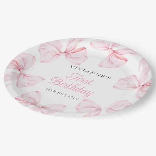 ピンクボウガールファースト誕生日 ペーパープレート (アングル)