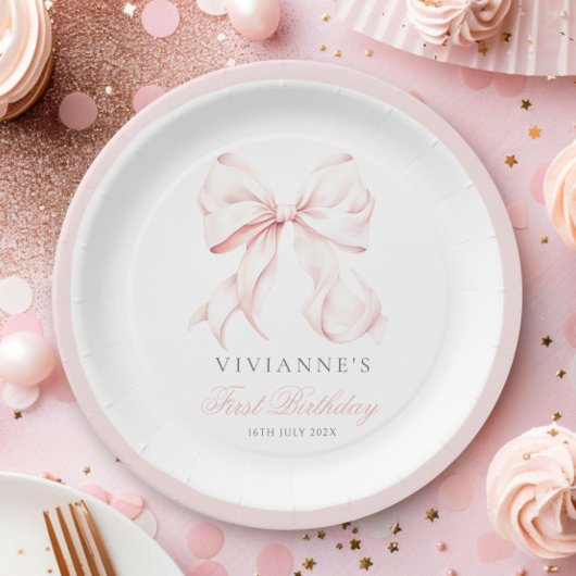 ピンクボウガールファースト誕生日 ペーパープレート