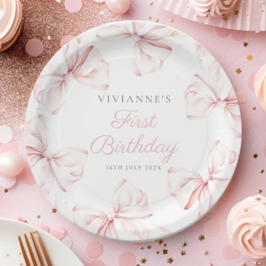 ピンクボウガールファースト誕生日 ペーパープレート