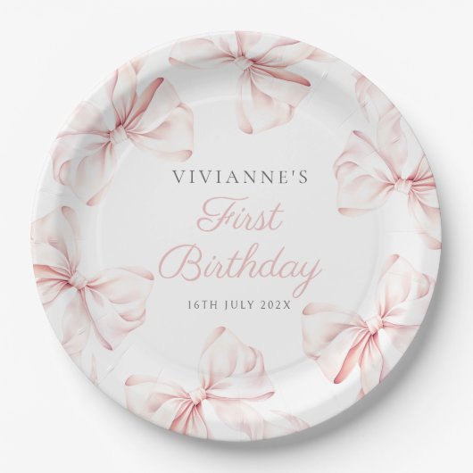 ピンクボウガールファースト誕生日 ペーパープレート (正面)