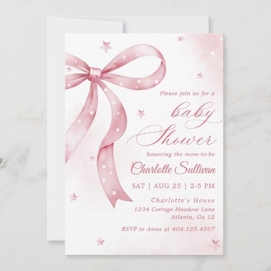 ピンクボウガールベビーシャワーパーティー 招待状 (正面)