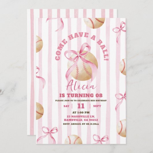 ピンクボウガール野球ゲームタイム誕生日 招待状 (正面/裏面)