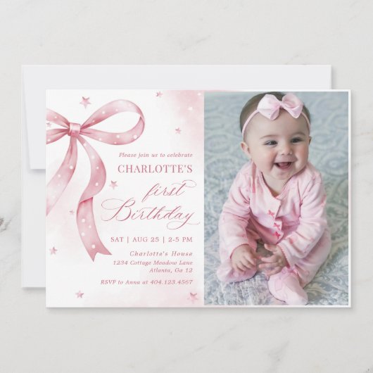 ピンクボウガール1st誕生日パーティー写真 招待状 (正面)