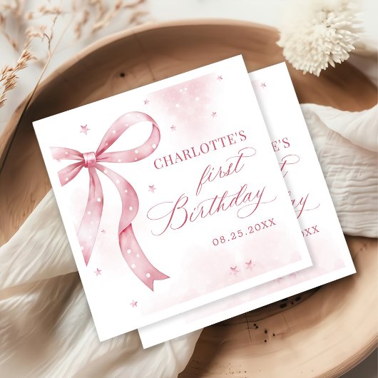 ピンクボウガール1st誕生日パーティー スタンダードカクテルナプキン