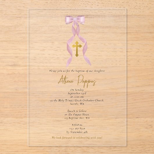 ピンクボウギリシャ正統《キリスト教》洗礼式や命名式ガールバプテスマ アクリル招待状 (正面)