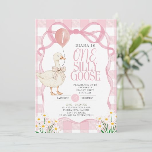 ピンクボウギンガムデイジーワンガ間抜けース誕生日 招待状 (スタンド正面)