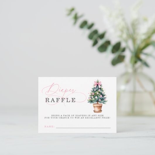 ピンクボウクリスマスツリー赤ちゃんシャワーおむつラッフル エンクロージャーカード (スタンド正面)