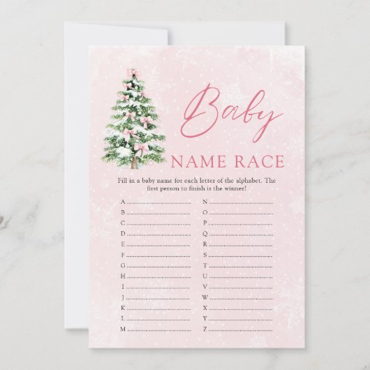 ピンクボウクリスマスベビー名レースベビーシャワーゲーム 招待状 (正面)