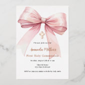 ピンクボウクリームガールバラ金ゴールドファーストコミューニオン 箔招待状 (正面)