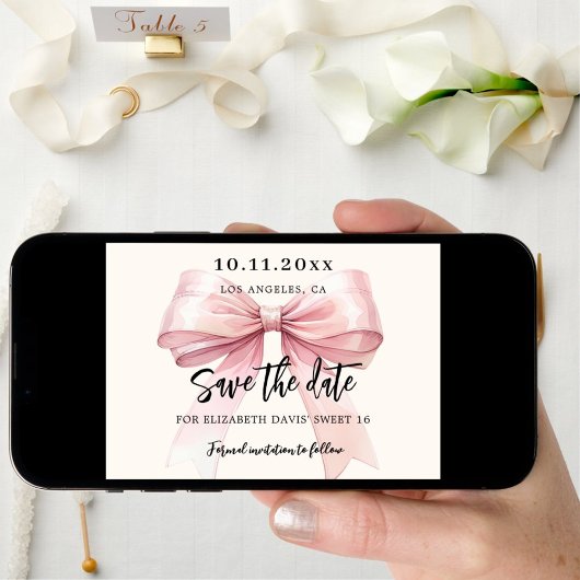 ピンクボウクリームスウィート16日付カードを保存 セーブザデート