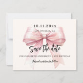 ピンクボウクリームバースデーパーティー日付カードを保存 (正面)