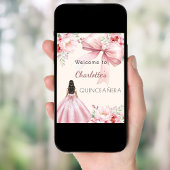 ピンクボウクリーム花模様ドレスキンセアニェラへようこそ ポスター