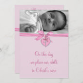 ピンクボウクロスベビーガールフォト《キリスト教》洗礼式や命名式 招待状 (正面/裏面)