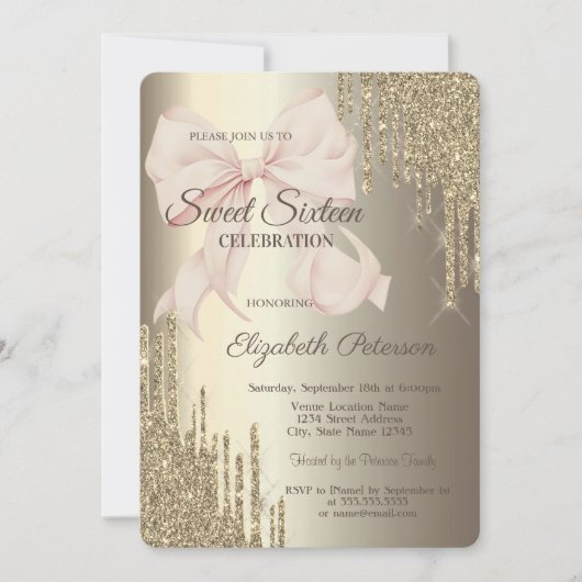 ピンクボウグリッタードリップスシャンパンスイーツ16 招待状 (正面)