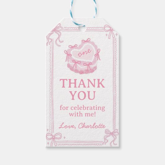 ピンクボウケーキ誕生日パーティーありがとう ギフトタグ (正面)