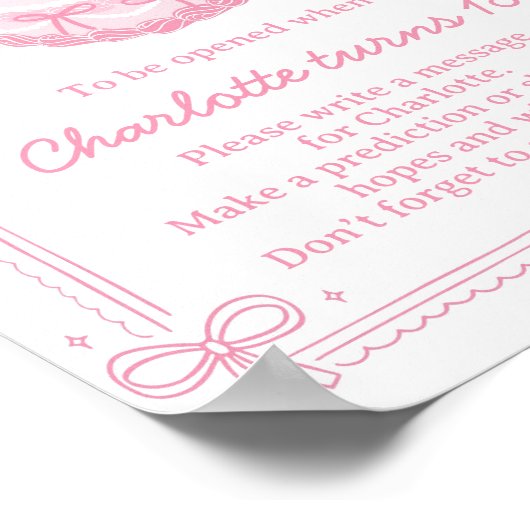 ピンクボウケーキ誕生日パーティータイムカプセルサイン ポスター (角)