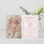 ピンクボウケーキ誕生日写真サンキューカード サンキューカード (スタンド正面)