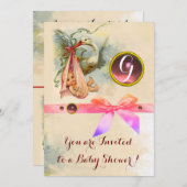 ピンクボウコウノトリ女の子ベイビーシャワージェムストーンモノグラム 招待状 (正面/裏面)
