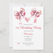ピンクボウコケガーリーット1歳の誕生日招待状 招待状 (正面)