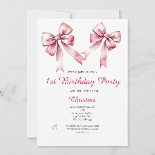 ピンクボウコケガーリーット1歳の誕生日招待状 招待状 (正面)