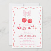 ピンクボウコケットさくらんぼオントップベビーシャワー 招待状 (正面)