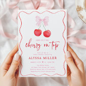 ピンクボウコケットさくらんぼオントップベビーシャワー 招待状