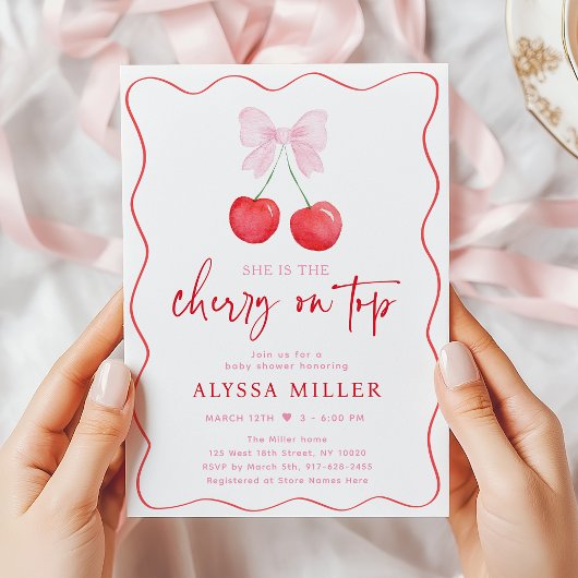 ピンクボウコケットさくらんぼオントップベビーシャワー 招待状