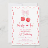 ピンクボウコケットさくらんぼガール誕生日 招待状 (正面)