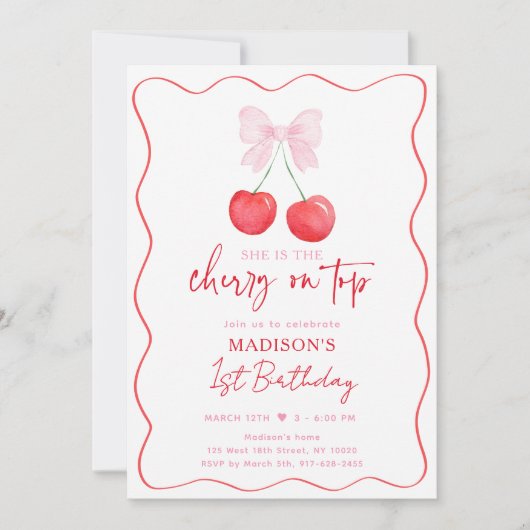 ピンクボウコケットさくらんぼガール誕生日 招待状 (正面)