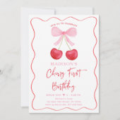 ピンクボウコケットさくらんぼファースト誕生日 招待状 (正面)