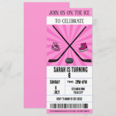 ピンクボウコケットアイスホッケーチケット誕生日 招待状 (正面/裏面)