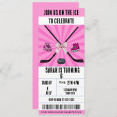 ピンクボウコケットアイスホッケーチケット誕生日 招待状 (正面/裏面)