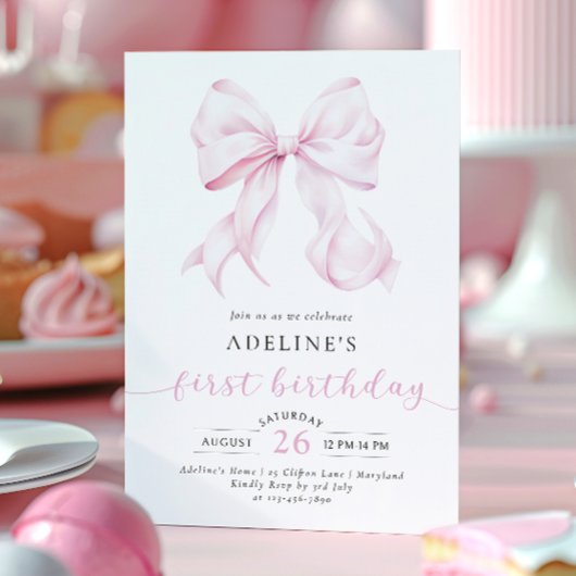 ピンクボウコケットガールファースト誕生日 招待状