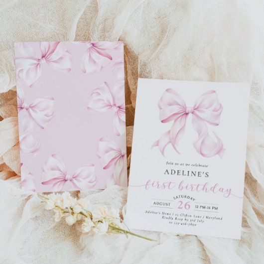 ピンクボウコケットガールファースト誕生日 招待状