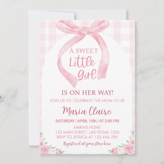 ピンクボウコケットガールベビーシャワー招待状 招待状 (正面)