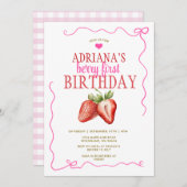 ピンクボウコケットジンガムベリーファースト誕生日 招待状 (正面/裏面)