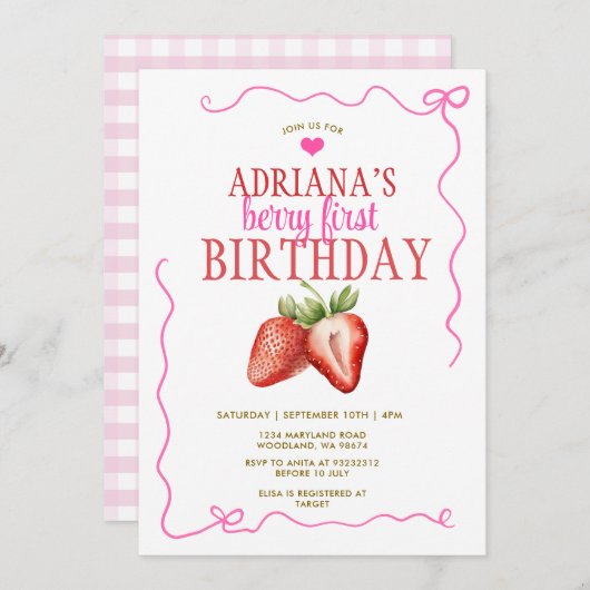 ピンクボウコケットジンガムベリーファースト誕生日 招待状