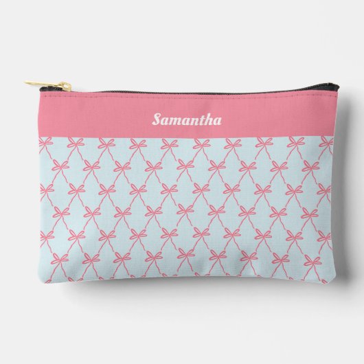 ピンクボウコケットパターンオンブルー名前をカスタムする アクセサリーポーチ (正面)